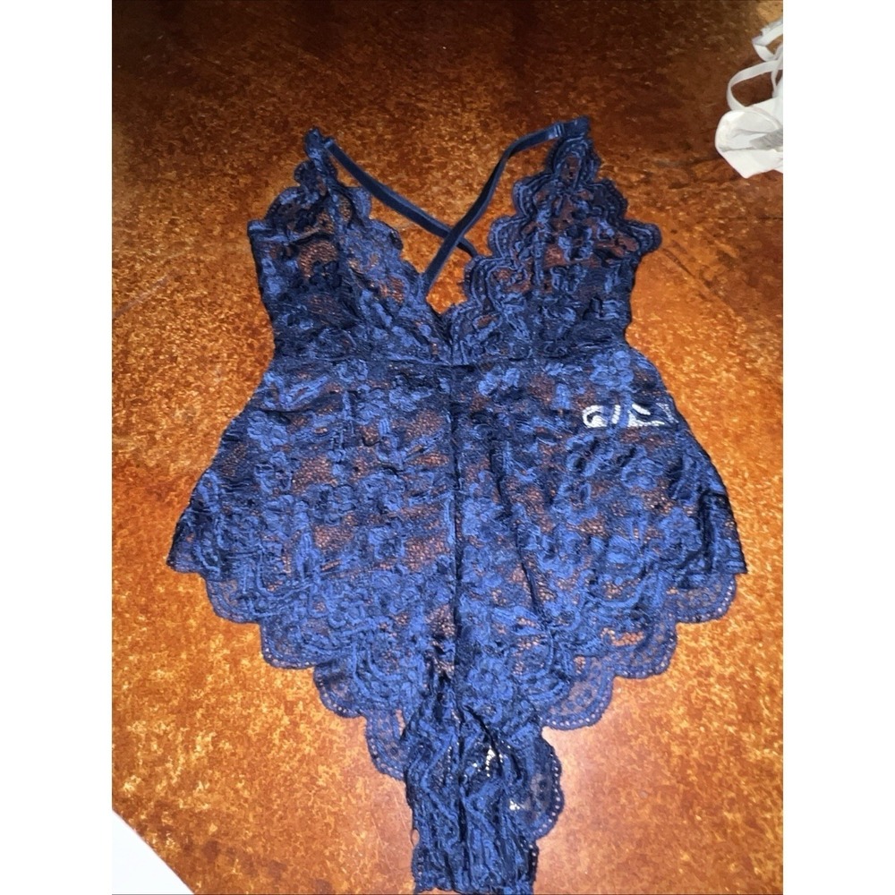 Oh La La Cheri Paris Navy Blue Floral Lace Teddy Bodysuit S/M Cross Back Straps